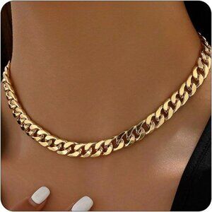 🆕Women Gold Cuban Choker Necklace Chunky Chain Clasp Toggle Herringbone Jewelry